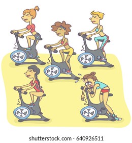 Funny vector cartoon with group of women exercising on stationary bikes, one is exhausted