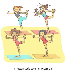 Funny Vector Cartoon With Group Of Women Exercising Yoga, One Is Clumsy Just About To Fall Down