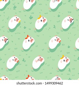 Funny Vector Cartoon a Herd of Pigs on Green Pasture Green Pastel Background Color Repeat Pattern