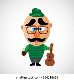 Funny vector cartoon hipster. Big bald head and cute eyebrows. On white background. Glasses, mustache, smoke, pipe, guitar, hat, smile, face.