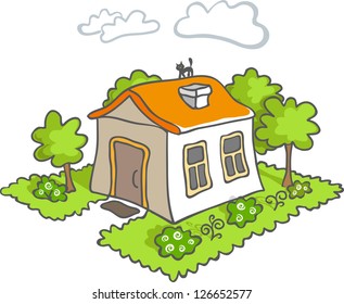 Funny vector cartoon house icon. White little house. Green tree. Black cat on the orange roof.