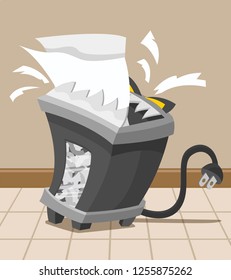 Funny vector cartoon illustration of an angry shredder machine eating some papers