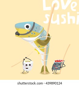 Funny vector cartoon illustration characters sushi rolls. Rolls and the fish Japanese cuisine illustration