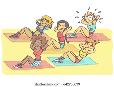Funny vector cartoon illustration with group of women doing abs, one is all sweaty and in pain