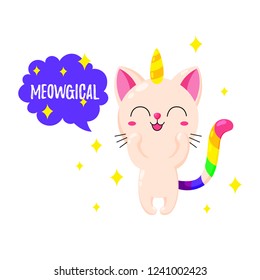 Funny vector cartoon illustration. Kitten Unicorn. Magic doodle cat. Template for print, design