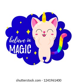 Funny vector cartoon illustration. Kitten Unicorn. Magic doodle cat. Template for print, design