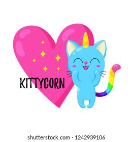 Funny vector cartoon illustration. Kitten Unicorn. Magic doodle cat. Template for print, design