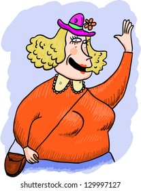 Funny Vector Cartoon illustration of a large lady waving