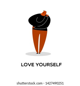 Funny vector cartoon illustration of man hugging himself. Love yourself. Isolated on white. 