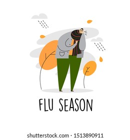 Funny vector cartoon illustration of man with bad cough. Flu season