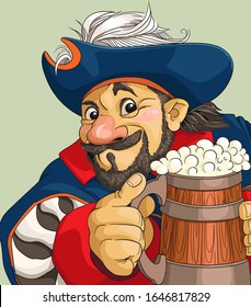 Funny Vektorillustration Cartoon. Illustration. Zufriedener Pirat mit einem großen Bier.