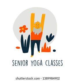 Funny vector cartoon illustration of senior man doing yoga exercise. Senior yoga, fitness, sport club concept