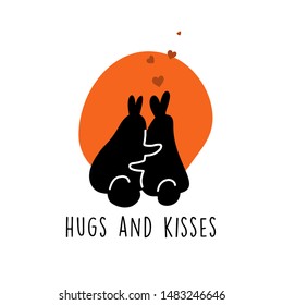 Funny vector cartoon illustration of two hugging rabbits. Quote Hugs and Kisses. 