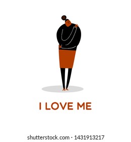 Funny vector cartoon illustration of women hugging herself. I love me. Bodypositive concept. Isolated on white.