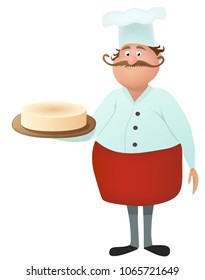 Funny vector cartoon male character confectioner with a mustache, red apron and white toque. Cute cook, bakery chef holding a cheesecake pie on a plate. Professional master. vector illustration