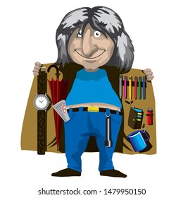 graciosa caricatura vectorial de un hombre con el abrigo ofreciendo y medios en su chaqueta como un narcotraficante.  abrigo abierto, exhibicionista, contrabandista.