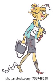 Funny vector cartoon of messy and drunk business woman or clerk after party in Walk of Shame situation, isolated on white background