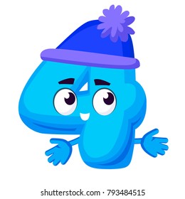 Funny vector cartoon number four 4 with face eyes hands brows mouth character isolated n white