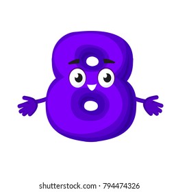 Funny vector cartoon number nine 8 with face eyes hands brows mouth character isolated n white