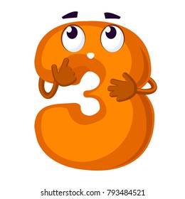 Funny vector cartoon number tree 3 with face eyes hands brows mouth character isolated n white