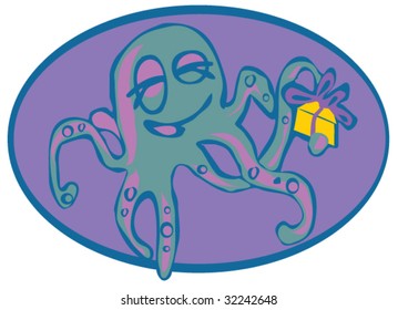 Funny vector cartoon octopus with a gift