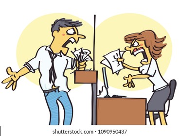 Funny vector cartoon of office clerk arguing with client, unprofessional behavior at work