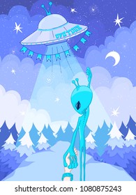 Funny vector cartoon parody of "follow me" with human and alien.