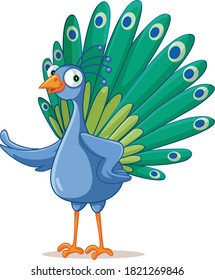 Funny Vector Cartoon Peacock Character. Peafowl in courtship ritual showing his beauty and colors
