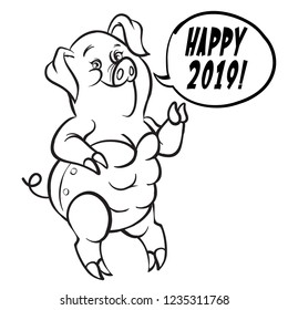 Funny vector cartoon piggy in pinup style wishes for happy new year, isolated background. symbol of 2019.Vector illustration