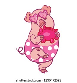 Funny vector cartoon  piglet in pink glasses and funny swimming suit dancing with piggybank isolated background. symbol of 2019. Vector illustration