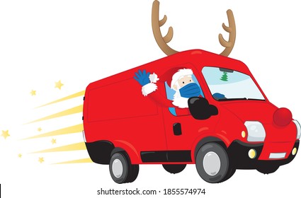 a funny vector cartoon representing Santa Claus driving a red van carrying presents and wearing a surgical mask. Christmas 2020 anti-Covid concept