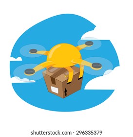 A Funny Vector Cartoon Representing A Yellow Shipping Drone Flying And Carrying A Brown Box, Fast Delivery Concept.