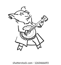 funny vector cartoon rockstar pig with guitar for avatar, logo, sticker, stamp