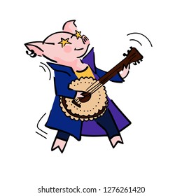funny vector cartoon rockstar pig with guitar