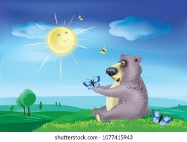 Funny vector cartoon scene, happy bear looks at butterfly and smiles.