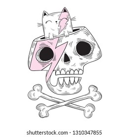 Funny Vector Cartoon Skull and Cute Cat illustration. T shirt graphics. Animal print.