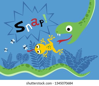 Funny vector cartoon of snake hunting frog, frog hunting mosquito on bush background