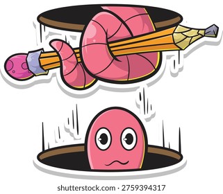 A funny vector cartoon sticker of a cute pink bookworm character coiled tightly around a pencil, emerging from a dark hole. Below, another worm head peeks out confused. A humorous visual for writer's block, creative struggle, and study time.