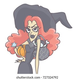 Funny vector cartoon of stylish witch woman with long pink hair holding pumpkin, hat and black pot