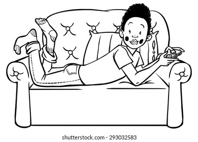 Funny vector cartoon  teen playing with game consol isolated background