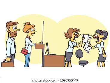 Funny vector cartoon of two office clerks arguing in front of the clients, unprofessional behavior at work