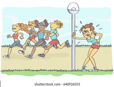 Funny vector cartoon with woman gasping for air, in the background group of people jogging