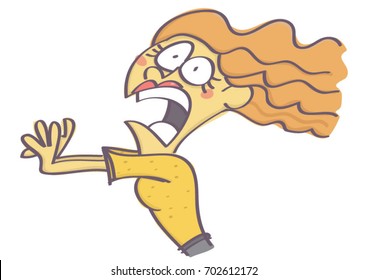 Funny vector cartoon of woman running away in fear and panic, isolated on white background