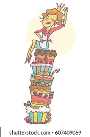 Funny vector cartoon with woman sitting on bunch of cakes in confident queen pose adjusting her crown