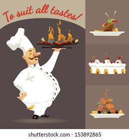 Funny vector cartoon-style character of a chef with different dishes