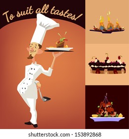 Funny vector cartoon-style character of a chef with different dishes