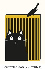 Gato de Vector divertido con ilustración de pájaro. Personaje de dibujos animados de gatito negro. Concepto de vida de gato