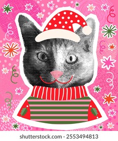 Funny vector cat face halftone collage ugly Christmas sweater, Santa hat cute Christmas and winter design for posters and greeting cards