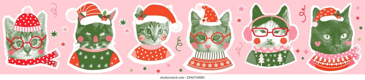 Funny vector cat faces with hats and scarves and ugly Christmas sweaters, Half tone retro collage style kitties