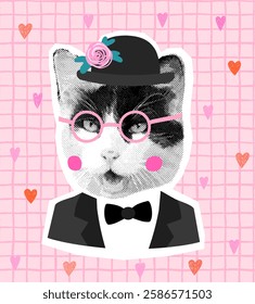 Funny vector cat man with suit and bow and pink eyeglasses, half tone collage for pet shop package design, pet food